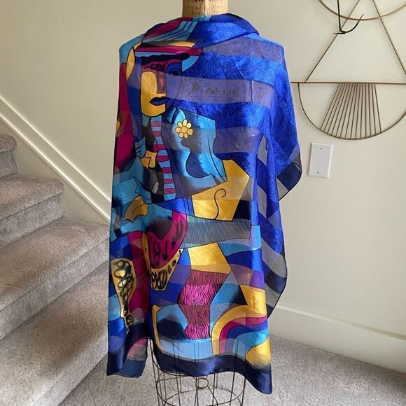 Silky Synthetic Picasso Fine Art Abstract Large Scarf Wrap Shawl - 41" Square - Picture 2 of 10
